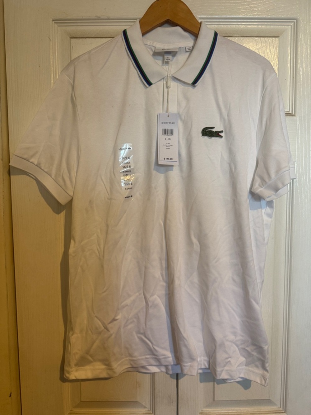 Lacoste White Polo with Green Crocodile and Navy-Trim Collar